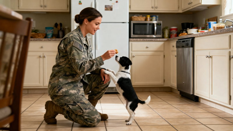 军装女子厨房喂狗图片