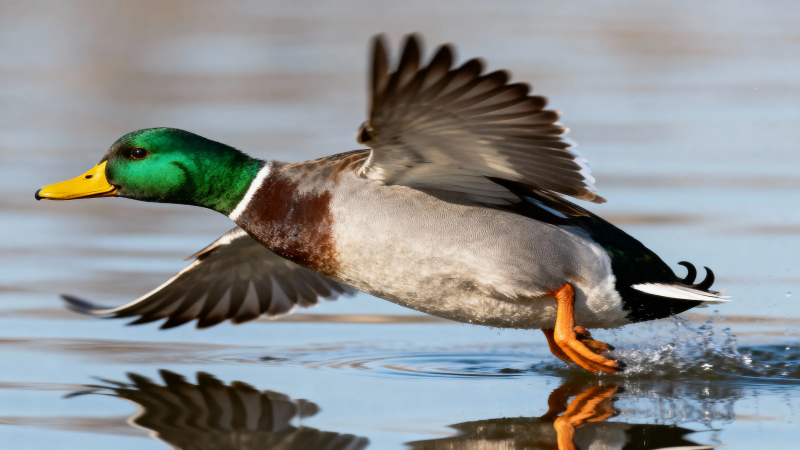 绿头鸭展翅掠水飞图片