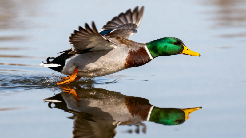 绿头鸭展翅掠水飞图片
