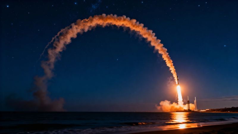 夜海火箭升空 焰弧映星空图片