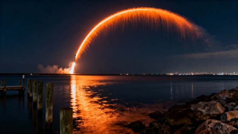 火箭夜升空 火弧映海面图片
