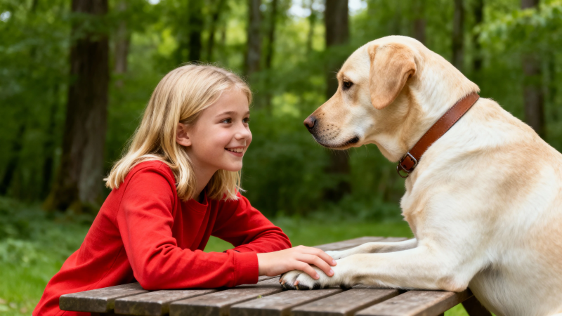 女孩与金毛犬温馨对视图片