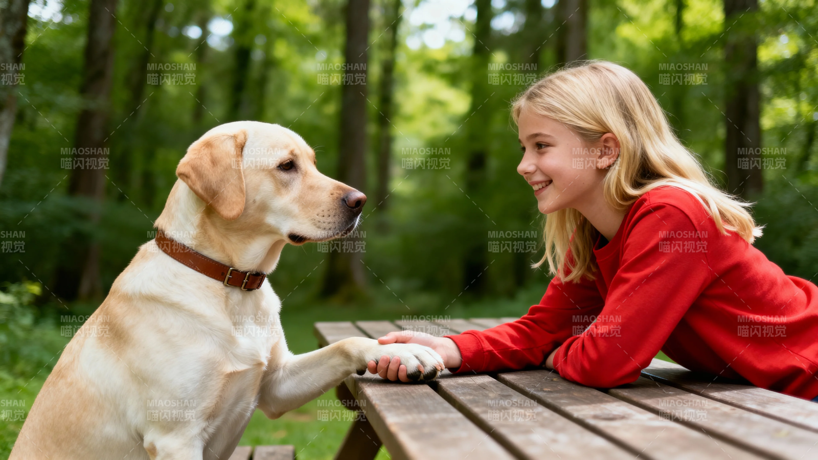 少女与金毛犬森林握手图片
