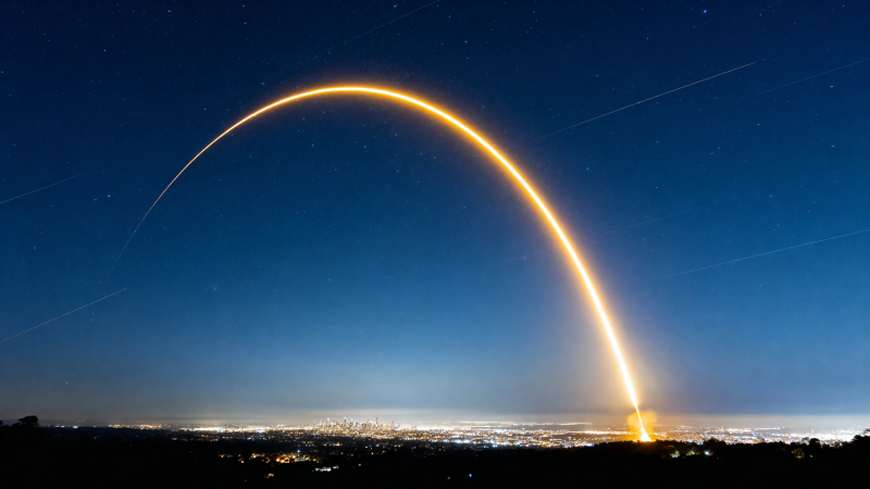 夜空中火箭划出金色弧线图片