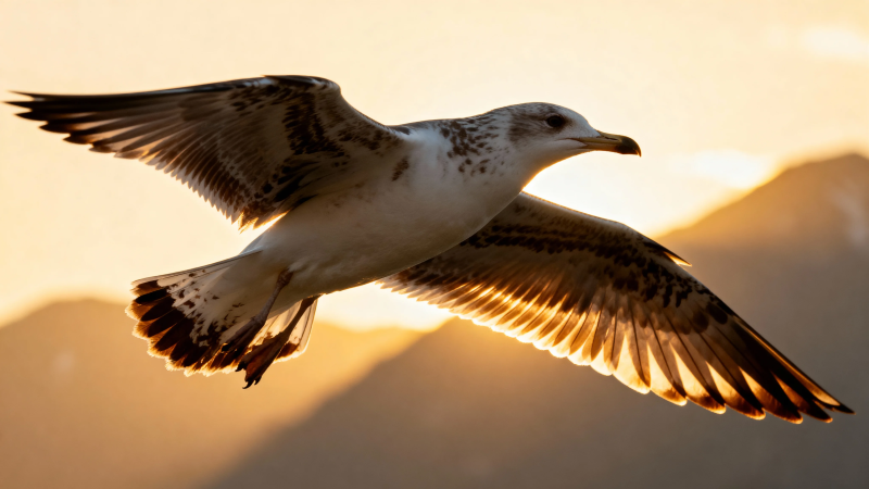 夕阳下海鸥展翅飞翔图片
