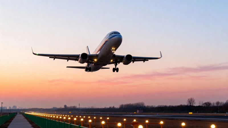夕阳下飞机起飞瞬间图片