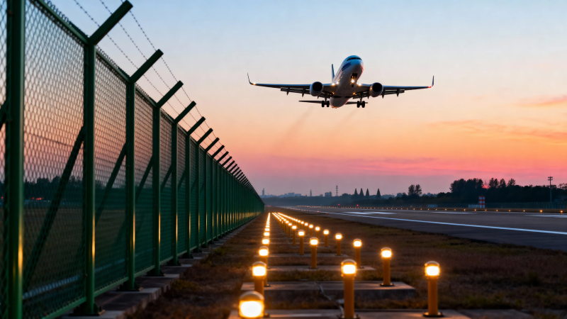 夕阳下飞机降落跑道图片