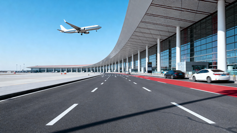 机场航站楼前飞机起飞图片