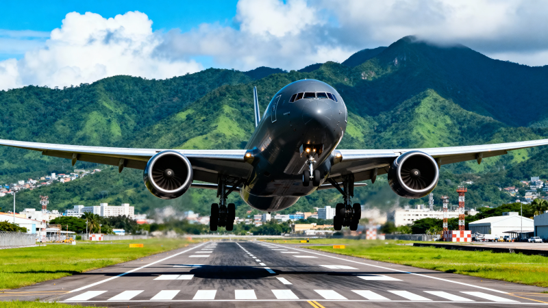 飞机起飞 山景为背景图片