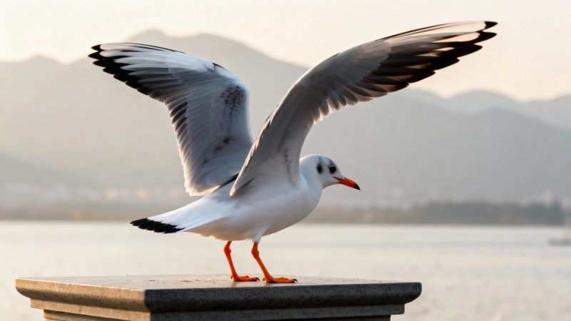 海鸥展翅立石台图片