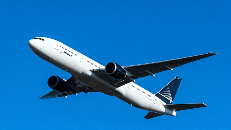 蓝天下的白色客机飞行中图片