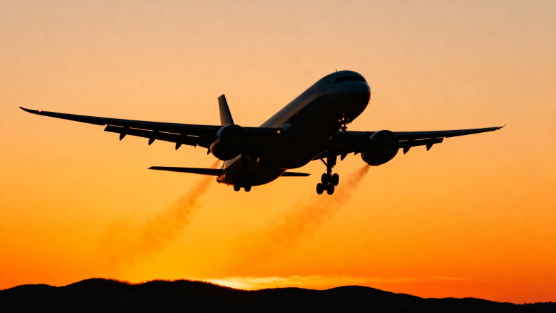 夕阳下飞机起飞剪影图片