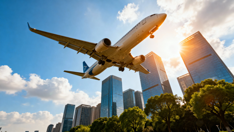 飞机掠过城市天际线图片