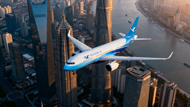 飞机飞越上海摩天楼群图片