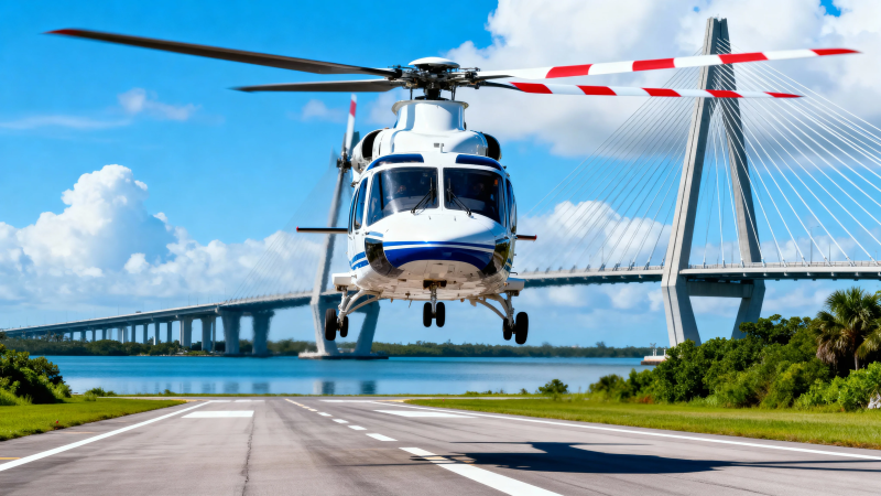 直升机跨桥飞行图片