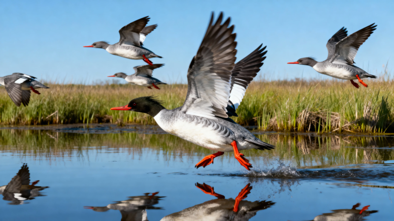 红脚鸭群飞掠湿地水面图片
