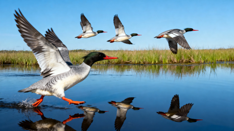 秋雁掠水 倒影成双图片