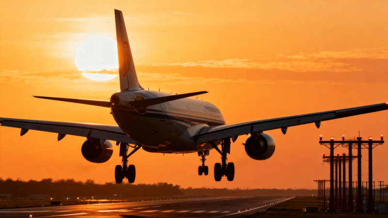 夕阳下飞机降落瞬间图片