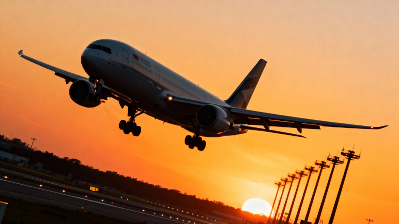 夕阳下飞机起飞剪影图片