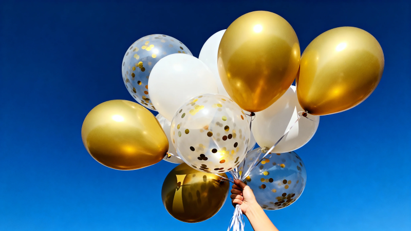 金白气球迎蓝天图片