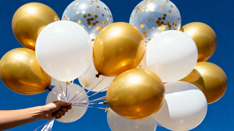 金白气球手握蓝天背景图片