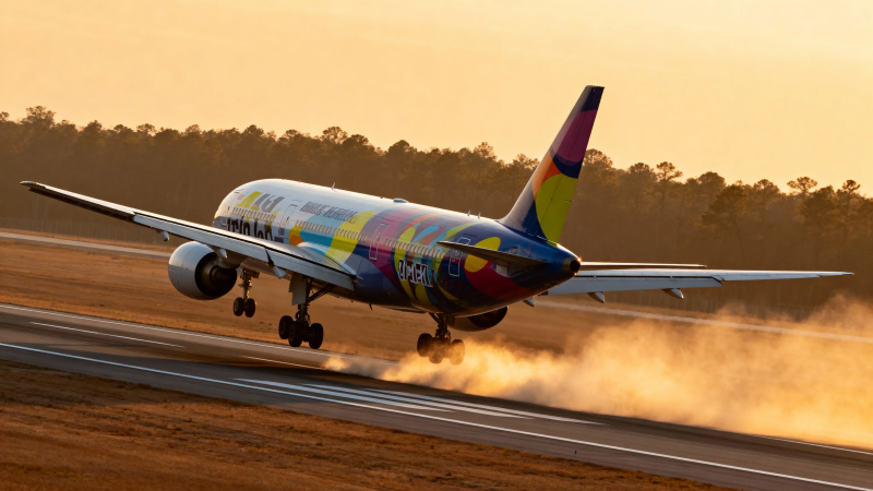 彩绘飞机日落起飞瞬间图片