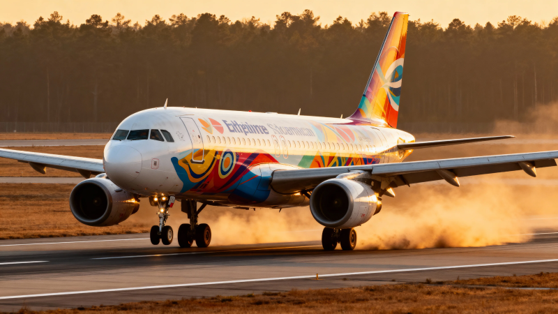 彩绘飞机日落跑道起飞图片