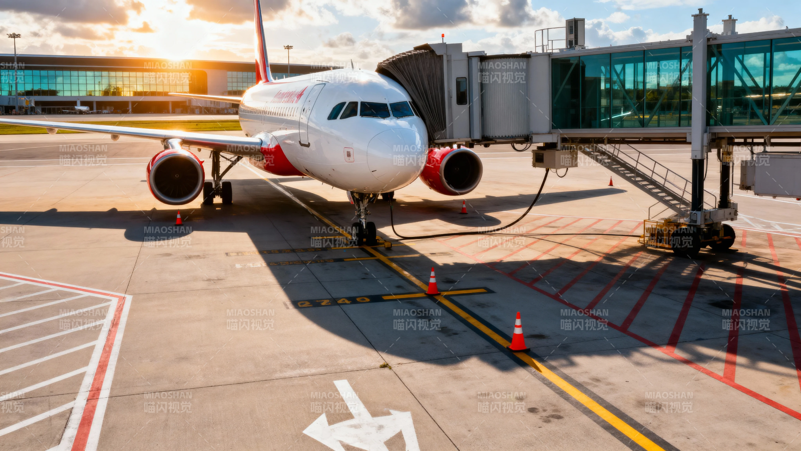 夕阳下的机场停机坪客机图片