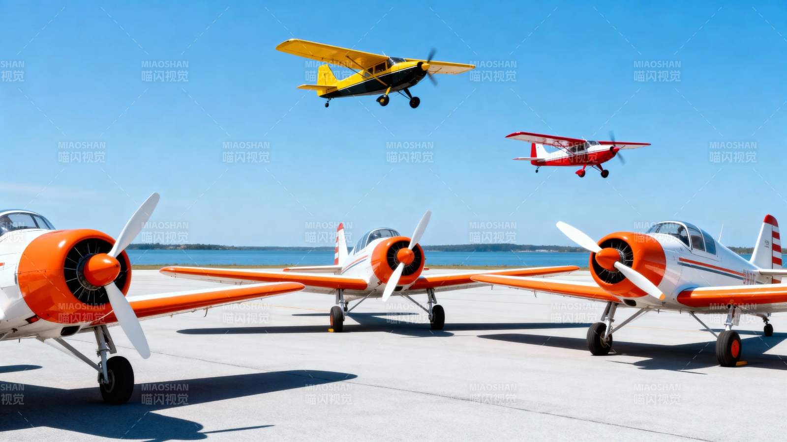 橙白飞机列队 黄红双机翱翔图片