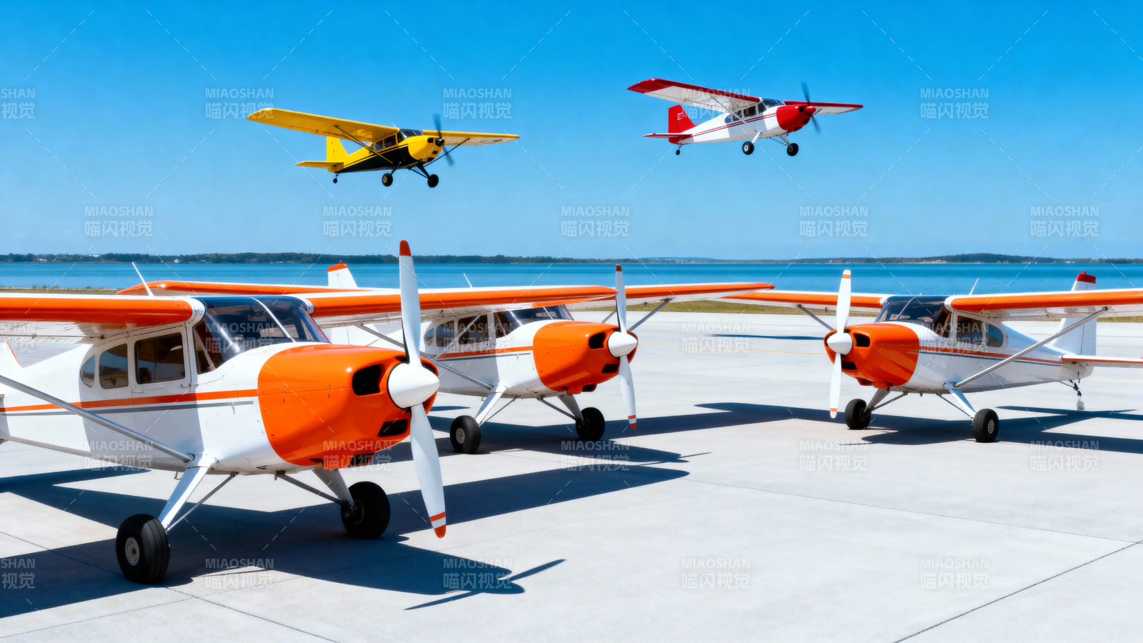 橙白飞机列队 蓝天双机翱翔图片