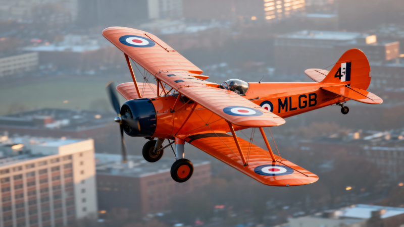 橙色双翼机城市上空飞行图片