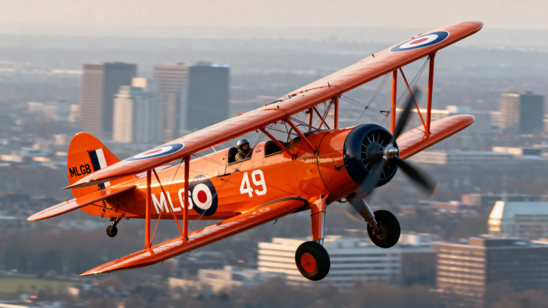 橙色双翼机城市上空飞行图片