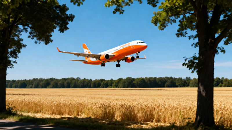 橙机掠麦田 蓝天树影间图片