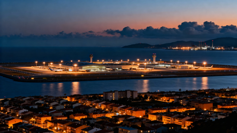 夜幕下的海滨机场与城市灯火图片