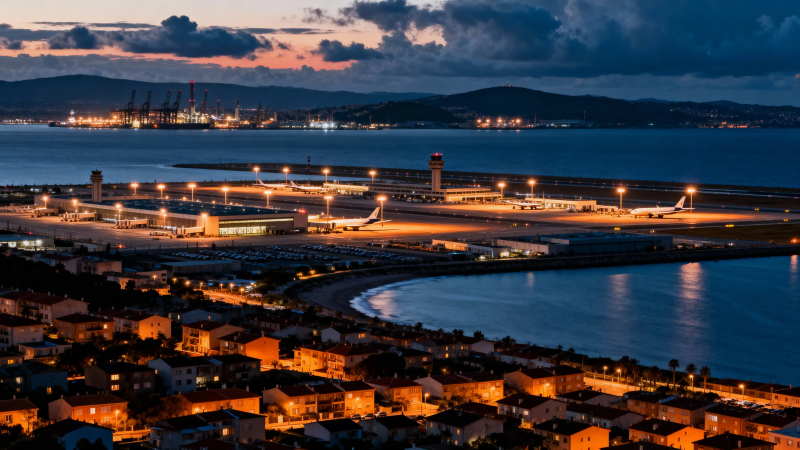 夜幕下的滨海机场与城镇图片