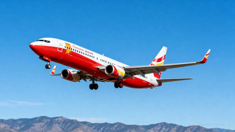 红白客机蓝天起飞图片