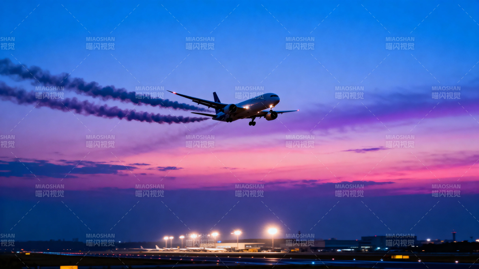 晚霞中飞机起飞留烟迹图片