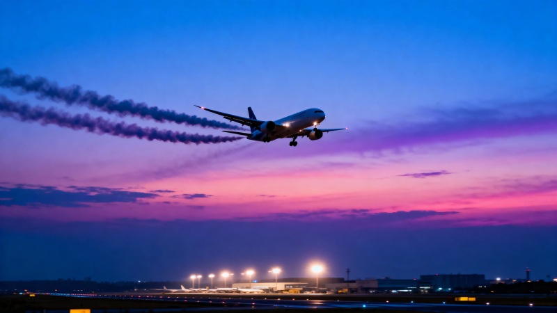 晚霞中飞机起飞留烟迹图片