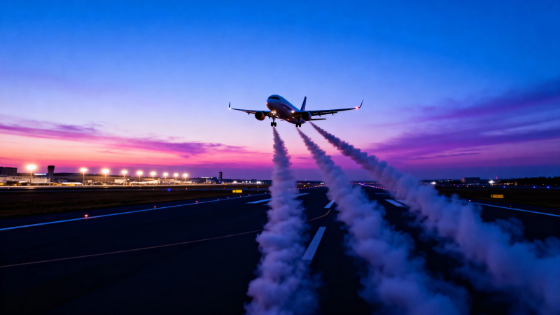 飞机起飞 烟迹划破暮色天图片