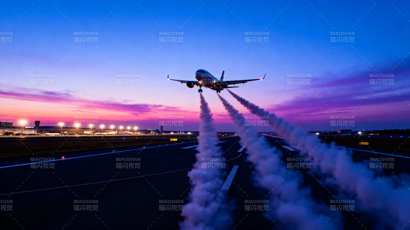 飞机起飞 烟迹划破暮色天图片