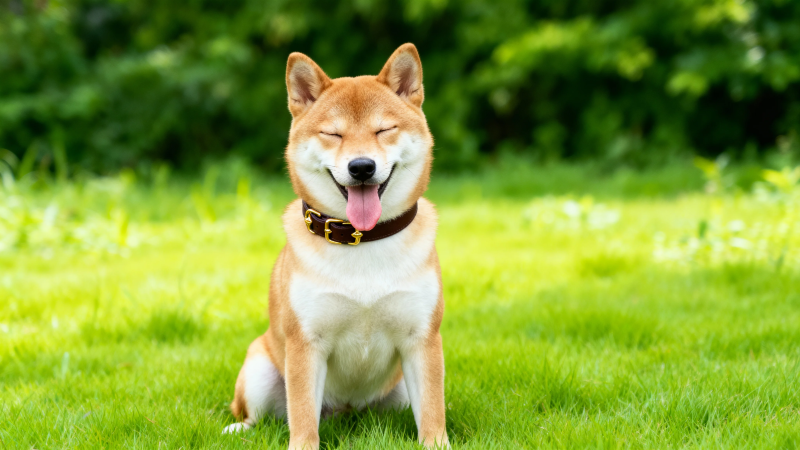 柴犬草地上开心吐舌笑图片