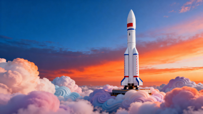 火箭穿云 霞光万丈图片