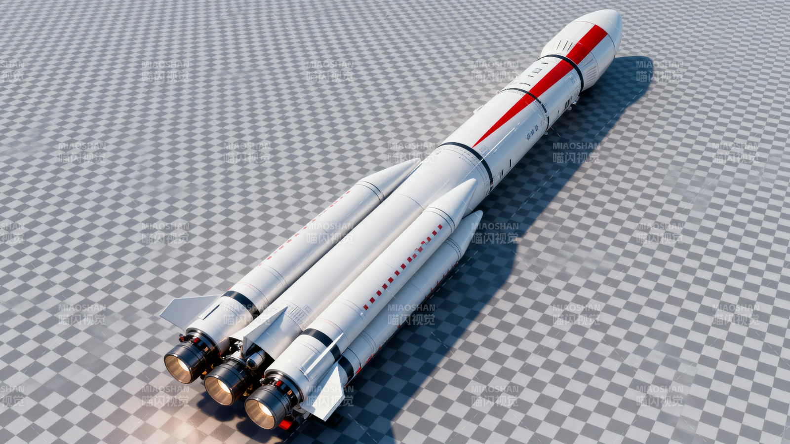 三枚火箭并排静置棋盘格地面图片