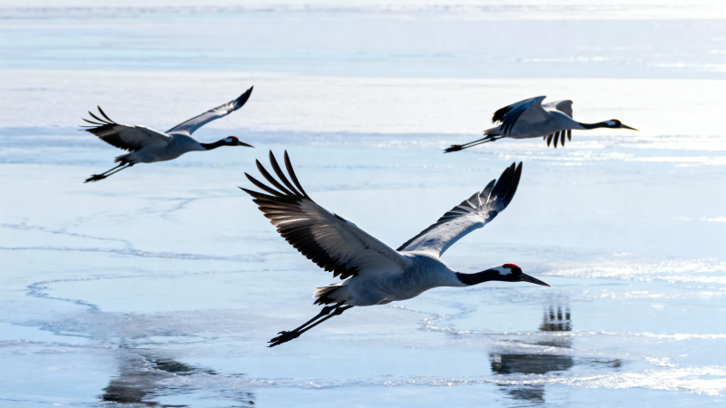 冰上鹤舞 三羽掠寒光图片