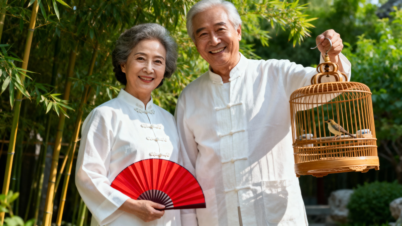 竹林雅趣 白扇鸟笼伴夕阳图片