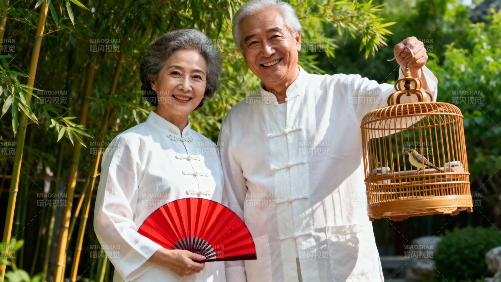 竹林雅趣 白扇鸟笼伴夕阳图片