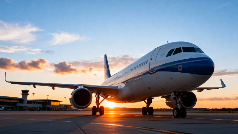 夕阳下的客机静候起飞图片