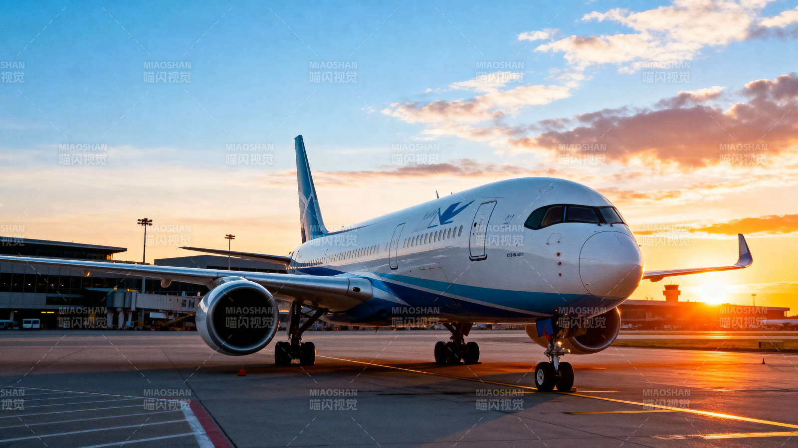 夕阳下的客机静候起飞图片