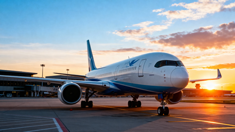 夕阳下的客机静候起飞图片