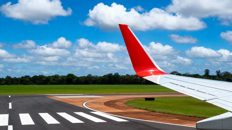 飞机翼尖下的跑道与蓝天图片